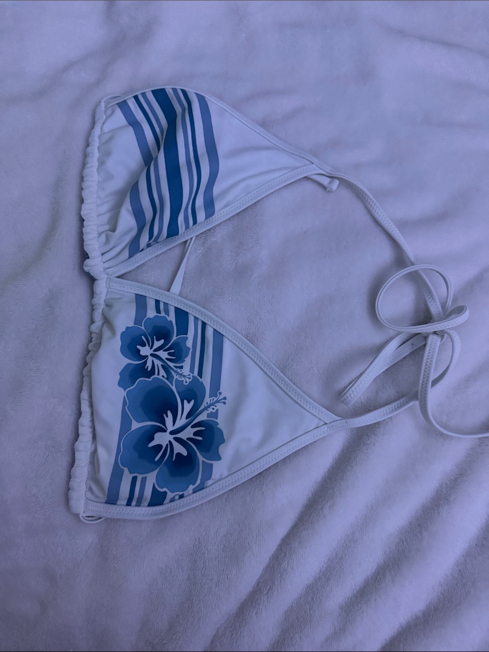 Women’s Reversible White & Blue Bikini Top with Blue Floral Print